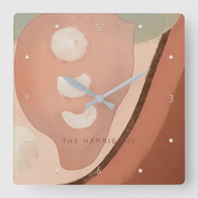 Moderne Kunst Abstrakter Bio 60er Retro Familienna Quadratische Wanduhr (Vorderseite)