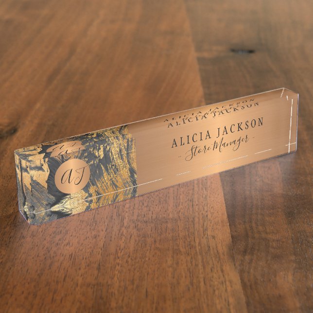 Moderne Kunst abstraktes Schwarz-Gold mit Monogram Namensplakette (Seite)