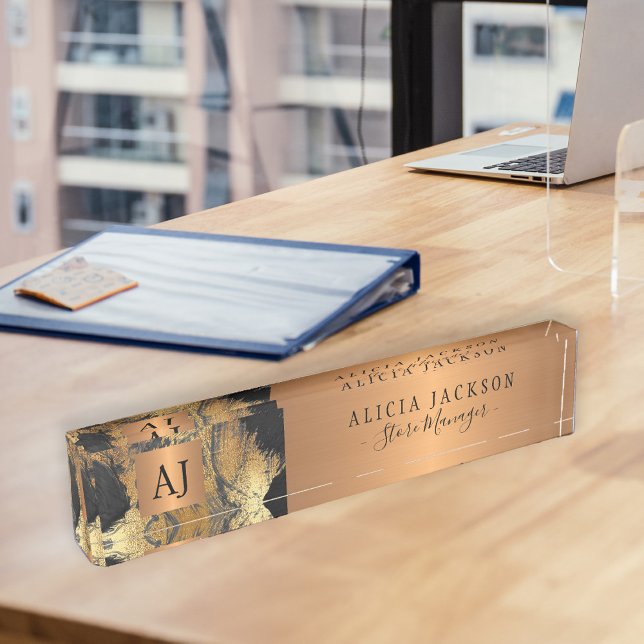 Moderne Kunst abstraktes Schwarz-Gold mit Monogram Namensplakette (Von Creator hochgeladen)