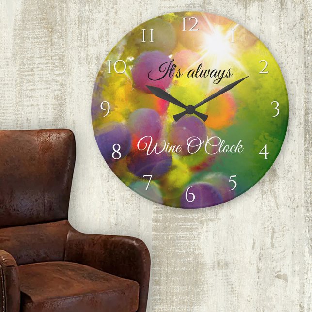 Moderne Kunst, Dichtung und Musik Weinroute Mendri Große Wanduhr (Wine lover artistic wall clock featuring a painting of colorful grapes in the sun)