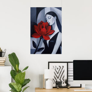 Moderne Kunst Frau mit roter Rose Flower Noir Port Poster