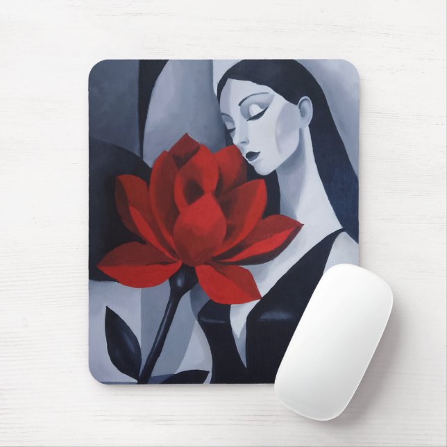 Moderne Kunst Frau mit roter Rose  Mousepad (Mit Mouse)