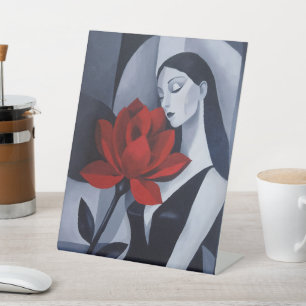 Moderne Kunst Frau mit roter Rose Podest Schild Ti