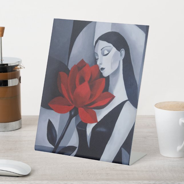 Moderne Kunst Frau mit roter Rose Podest Schild Ti (In SItu)
