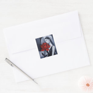 Moderne Kunst Frau mit roter Rose Quadratischer Au Aufkleber