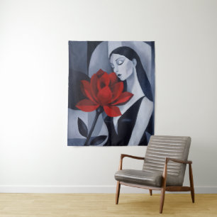 Moderne Kunst Frau mit roter Rose Wandteppich