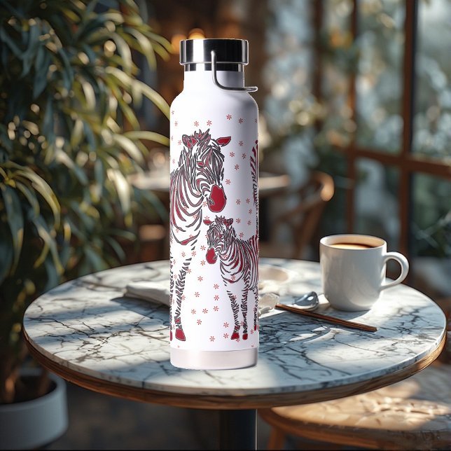 Moderne Kunst Zebras Mutter Rote Schneeflocken Trinkflasche (Modern Art Zebras Mother Babies Red Snowflakes Water Bottle)