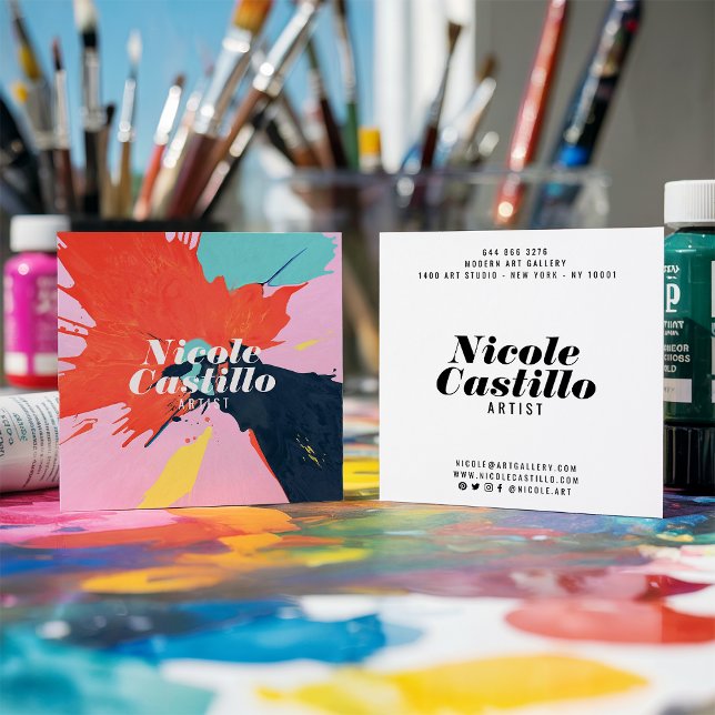 Moderne Künstlerorange abstrakte Kunstmalerei mini Quadratische Visitenkarte (Modern artist orange abstract art paint minimalist)