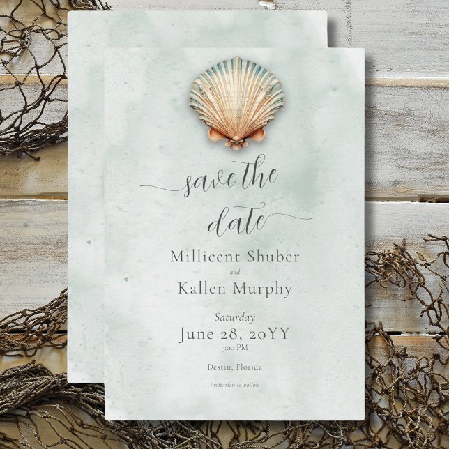 Moderne Küste Seashell Aqua Wedding Save The Date (Modern Coastal Seashell Aqua Wedding Save The Date)