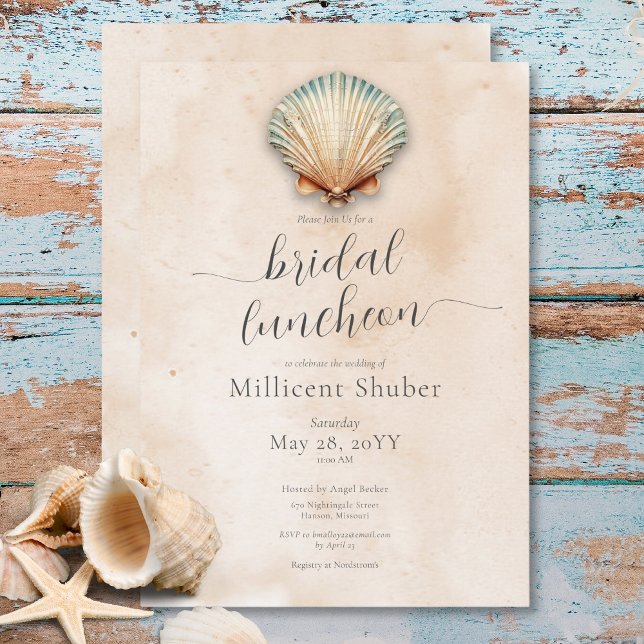 Moderne Küste Seashell Sand Bridal Luncheon Einladung (Modern Coastal Seashell Sand Bridal Luncheon Invitation)