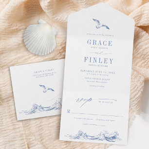 Moderne Küsten-Chic-Hochzeit in Blau am Meer All In One Einladung