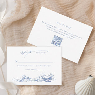 Moderne Küsten-Chic-Hochzeit mit blauem QR-Code RSVP Karte