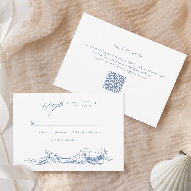 Moderne Küsten-Chic-Hochzeit mit blauem QR-Code RSVP Karte (Von Creator hochgeladen)