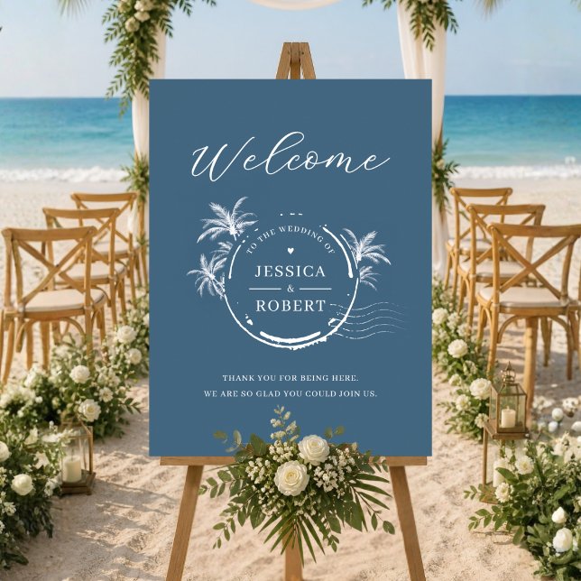 Moderne Küsten-Stempel-Hochzeits-Willkommensschild Poster (Destination Wedding Welcome Sign)