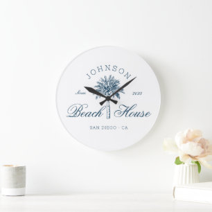 Moderne Küsten-Vintage-Strandhaus Palme Blau Große Wanduhr