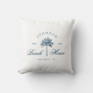 Moderne Küsten-Vintage-Strandhaus Palme Blau Kissen