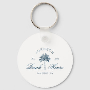 Moderne Küsten-Vintage-Strandhaus Palme Blau Schlüsselanhänger