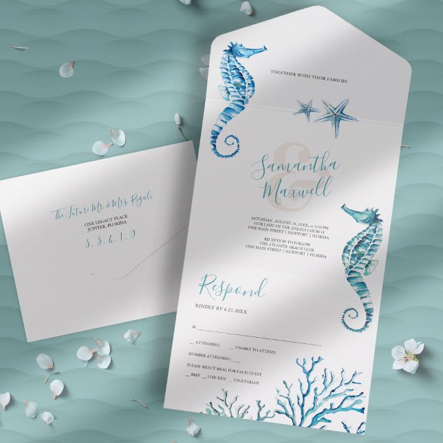 Moderne Küstenhochzeit in einer Einladung (Beach wedding invitation unique seahorse watercolor art by Victoria Grigaliunas)