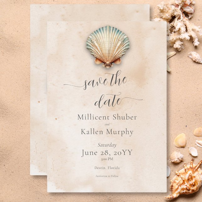 Moderne Küstenhochzeit Seashell Sand Wedding Save The Date (Modern Coastal Seashell Sand Wedding Save The Date)