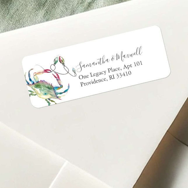 Moderne Küstenstreifen Weihnachtscreme Einzigartig (Beach Christmas return address labels watercolor crab and holiday lights art by Victoria Grigaliunas)