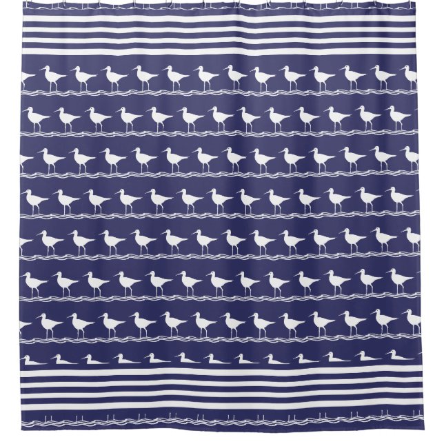 Moderne Küstenwache Nautical Navy Blue Sandpiper Duschvorhang (Vorderseite)