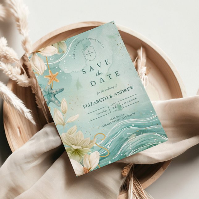 Moderne Küstenwellen-Blumenhochzeit Save The Date (Von Creator hochgeladen)