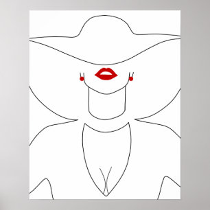 Moderne Lady in Hat mit Red Lipstick Line Art Poster