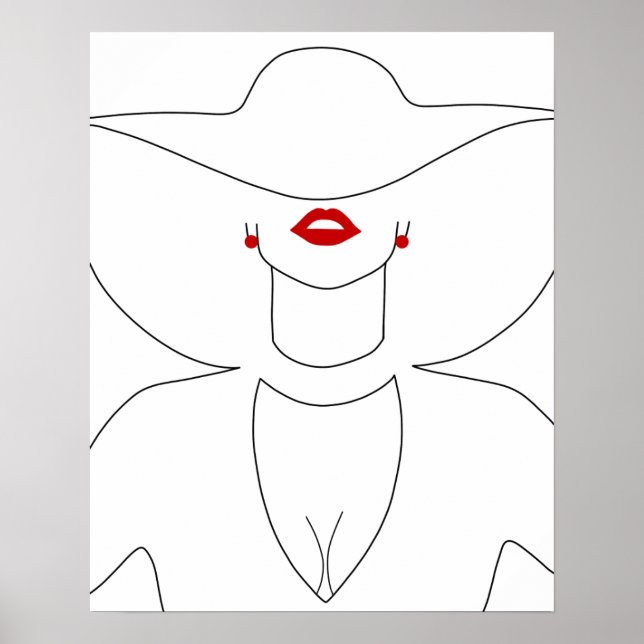 Moderne Lady in Hat mit Red Lipstick Line Art Poster (Vorne)