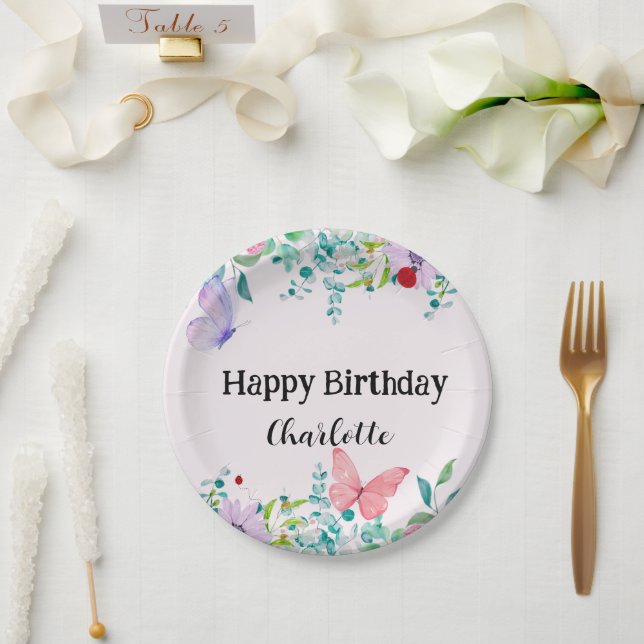Moderne Ladybug Butterfly farbige Blume Geburtstag Pappteller (Hochzeit)