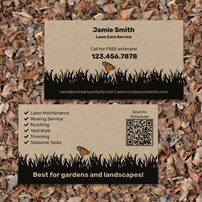 Moderne Landschaften - Pflege der Rasenflächen Visitenkarte (Modern Landscaping - Lawn Care Business Card - Lawn Silhouette - List QR code)