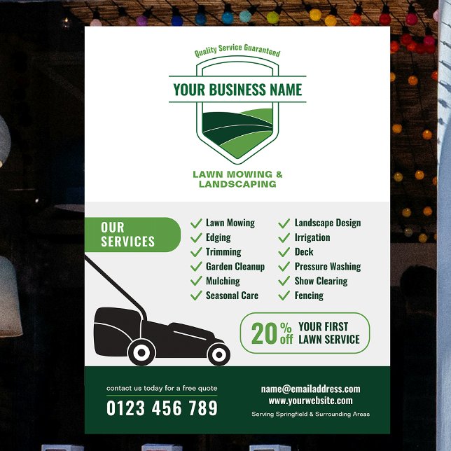 Moderne Landschaftsgestaltung Rasenmähen Marketing Poster (Modern Landscaping Lawn Mowing Marketing Poster in white and green)