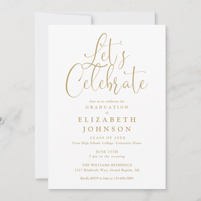 Moderne Lasse Celebrate Gold Script Graduation Par Einladung (Vorderseite)