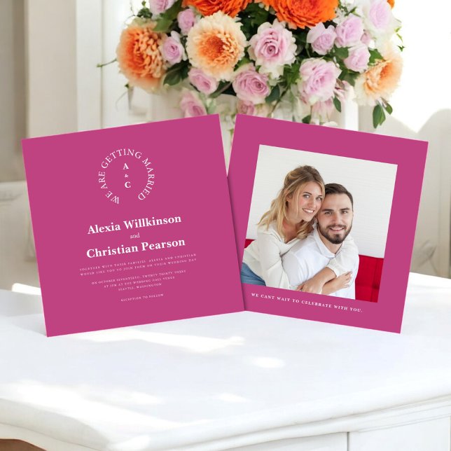 Moderne, lässige, rosafarbene Hochzeit Einladung (modern vibrant bold pink wedding invitation with photo , fully editable )