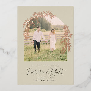 Moderne Laurel Leaf Archway Wedding retten das Dat Folieneinladung