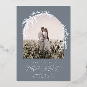 Moderne Laurel Leaf Archway Wedding retten das Dat Folieneinladung