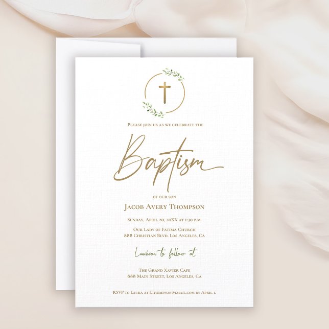 Moderne Laurel Wreath Gilded Gold Cross Taufe Einladung (Baptism gold cross laurel watercolor leaves invitation)