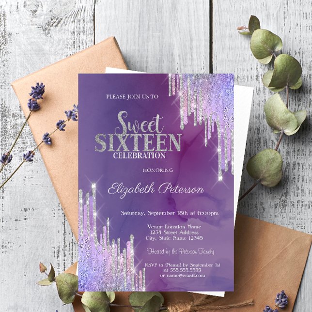 Moderne Lavander Glitzer Tropfen Violet Sweet 16 Einladung (Von Creator hochgeladen)