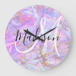 Moderne Lavendel-Rosa Marmor Gold Monogramm Name Große Wanduhr