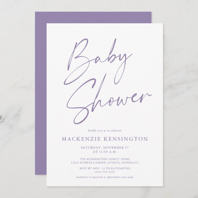 Moderne Lavender Lila, einfache Script Baby Dusche Einladung (Vorne/Hinten)