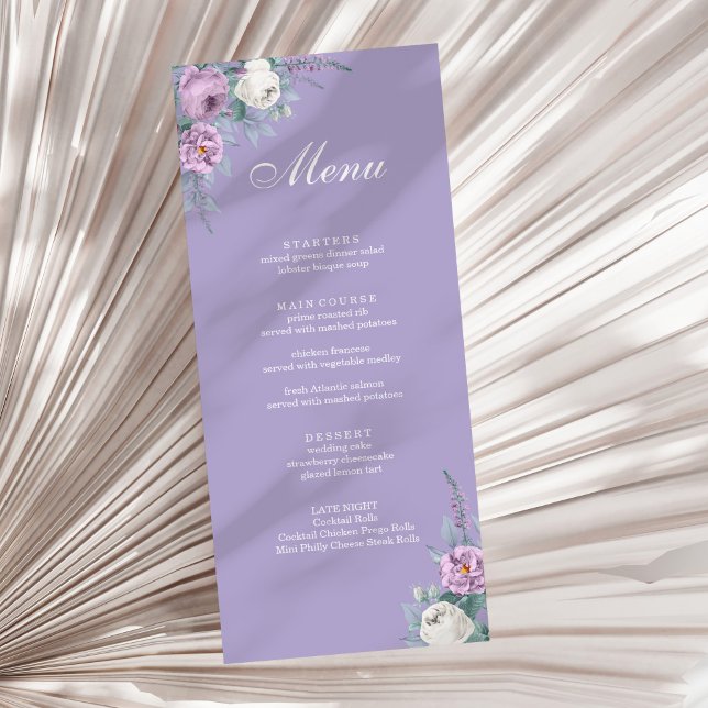 Moderne Lavender Lila Wedelkarte Menükarte (Modern Lavender Purple Wedding Menu Card on a sunny white dry palm leaf.)