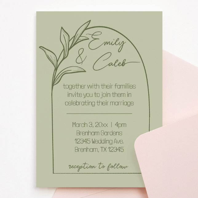 Moderne Leaf Arch Sage Grüne Hochzeit Einladung (wedding invitation sage green leaves arch cursive script. Calm, romantic, botanical leaf invite)