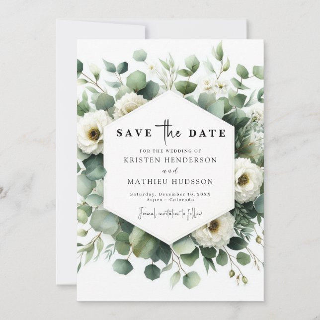 Moderne Leaf Eucalyptus Digital Wedding Save The Date (Vorderseite)