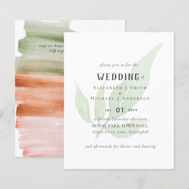Moderne Leaf Watercolor WEDING Einladung (Vorne/Hinten)