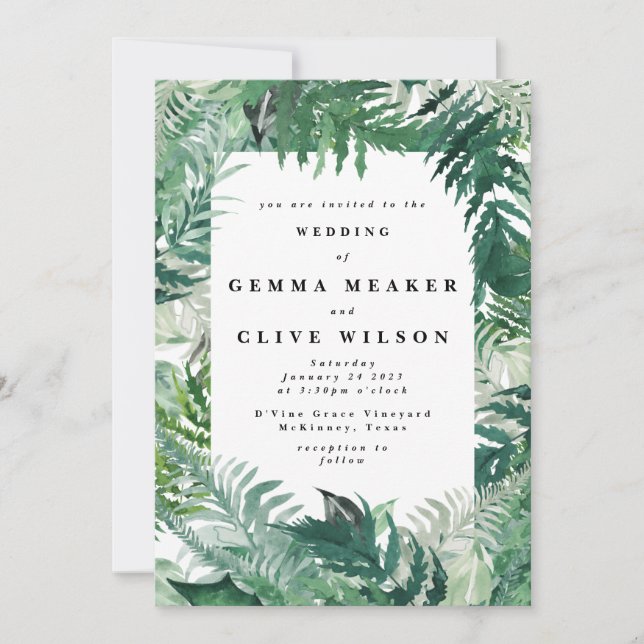 Moderne Leafy Greenerie Wasserfarbener Hochzeitsta Einladung (Vorderseite)