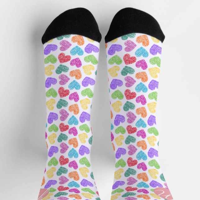 Moderne lebendige Regenbogen-Doodle-Herzen mit Mon Socken (Oben)