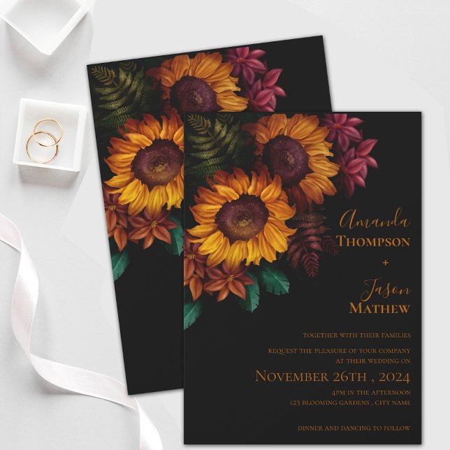 Moderne, lebendige Schwarze Burnt Orange Blumenhoc Magneteinladung (Modern Vibrant Black Burnt Orange Floral Wedding Magnetic Invitation)