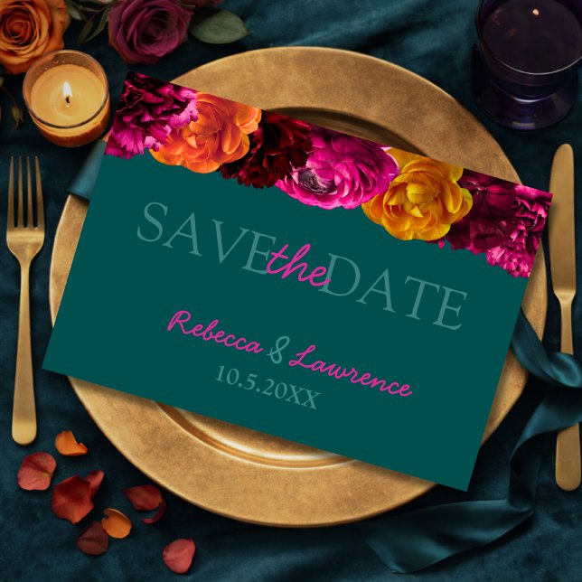 Moderne, lebhafte Hochzeit mit rosa grüner Blüte Save The Date (Von Creator hochgeladen)