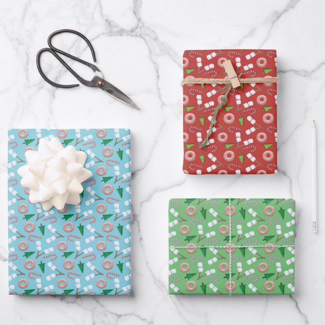 Moderne Leckerei und Baumuster Weihnachten Geschenkpapier Set (Vorderseite)