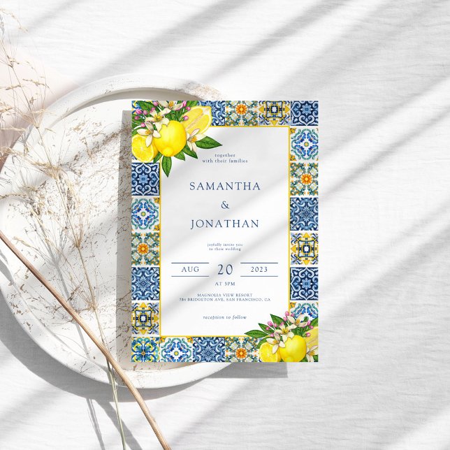 Moderne Lemon Blue & Yellow Mediterranean Wedding Einladung (Von Creator hochgeladen)
