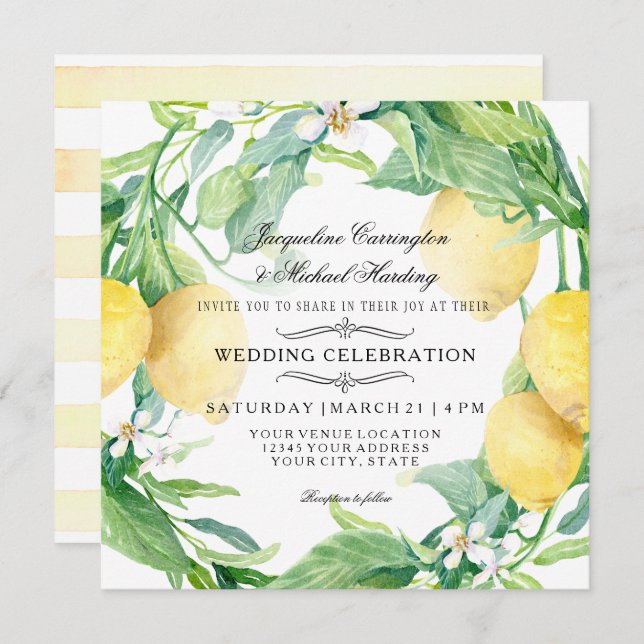 Moderne Lemon Blume Wreath Citrus Wedding Einladung (Vorne/Hinten)